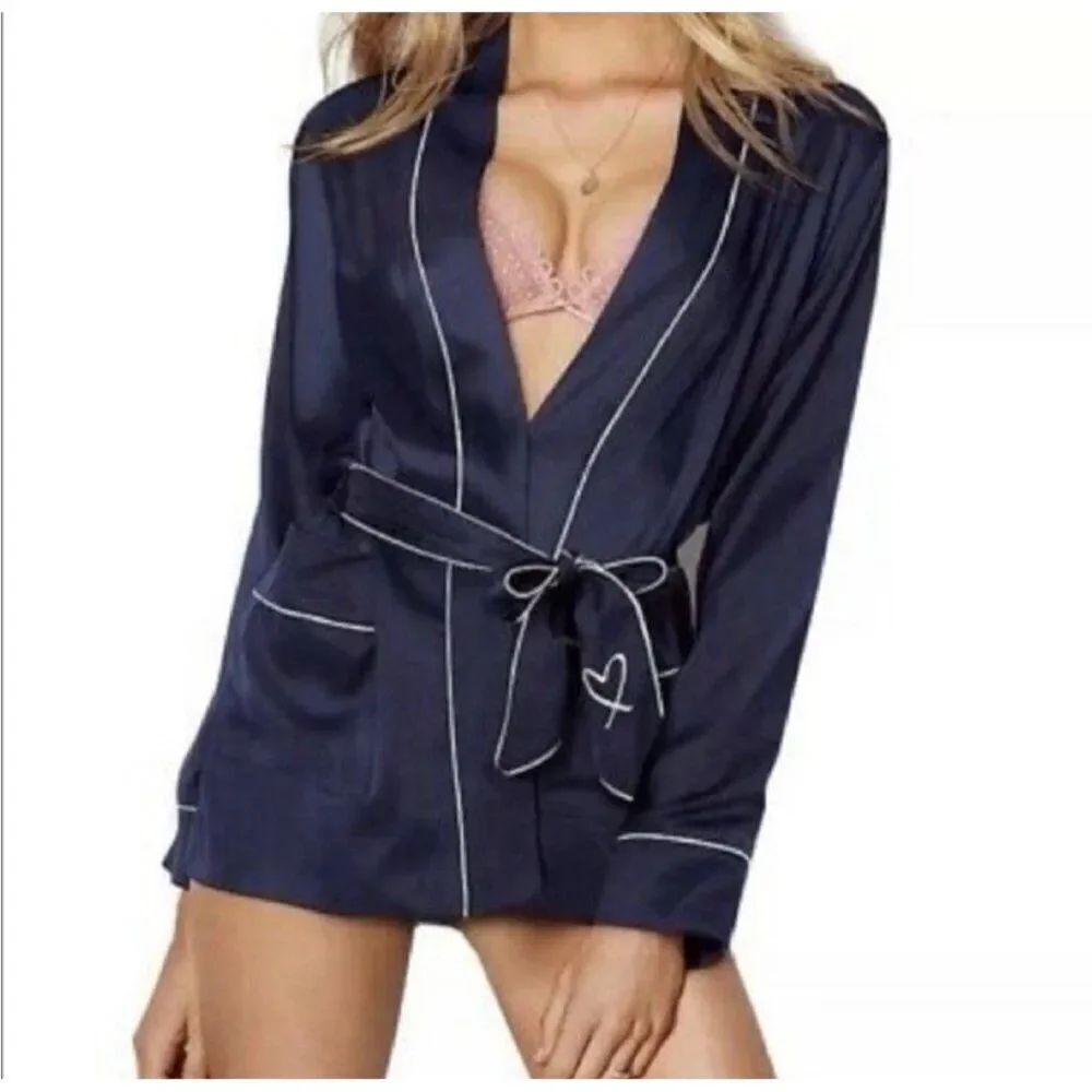 victorias secret navy blue white satin long sleeve mini robe Large